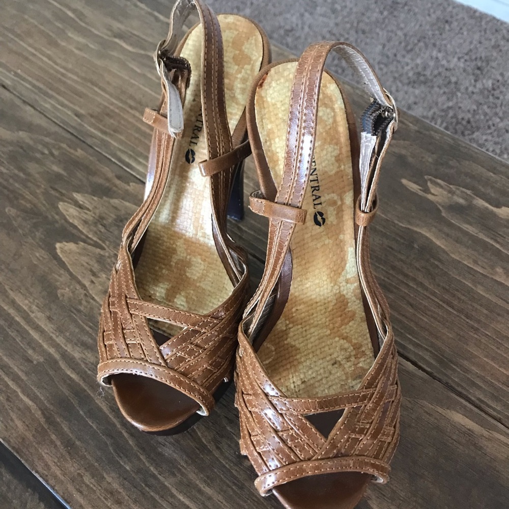 Light brown faux leather heel sandals. Size 7.5